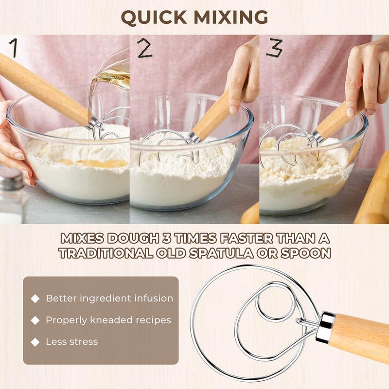 FUANRTK Danish Dough Whisk Bread Mixerï¼Œ2 Pack Premium Stainless Steel Dutch Whisk With a Dough Scraper for Bread, Pastry or Pizza Dough - Perfect Baking - Image 4
